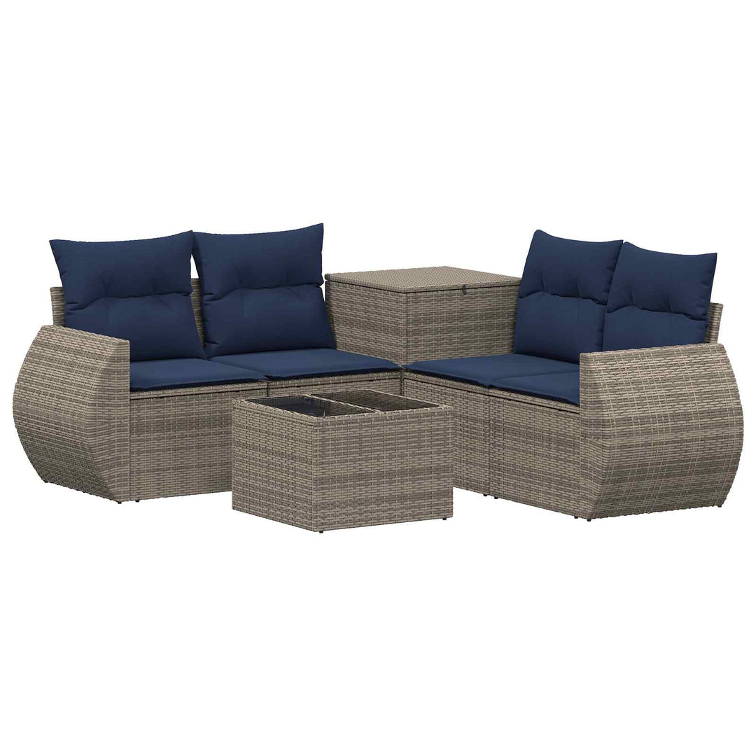 Sofa Sæt 6 stk. Grå og Marineblå Poly Rattan og Stål