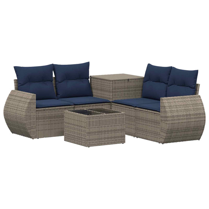 Sofa Sæt 6 stk. Grå og Marineblå Poly Rattan og Stål