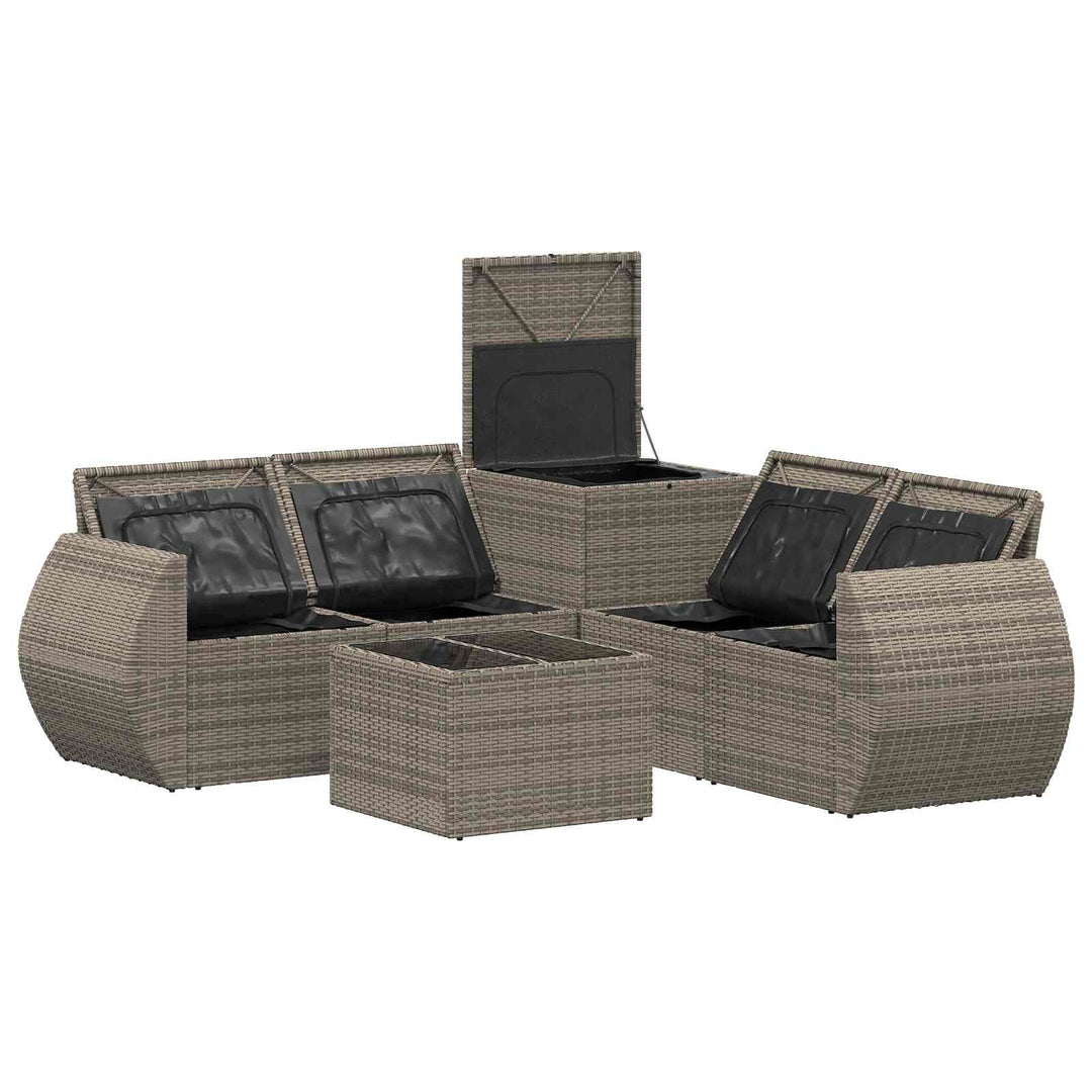 Sofa Sæt 6 stk. Grå og Marineblå Poly Rattan og Stål