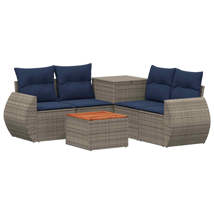 Sofa Sæt 6 stk. Grå og Marineblå Poly Rattan og Stål