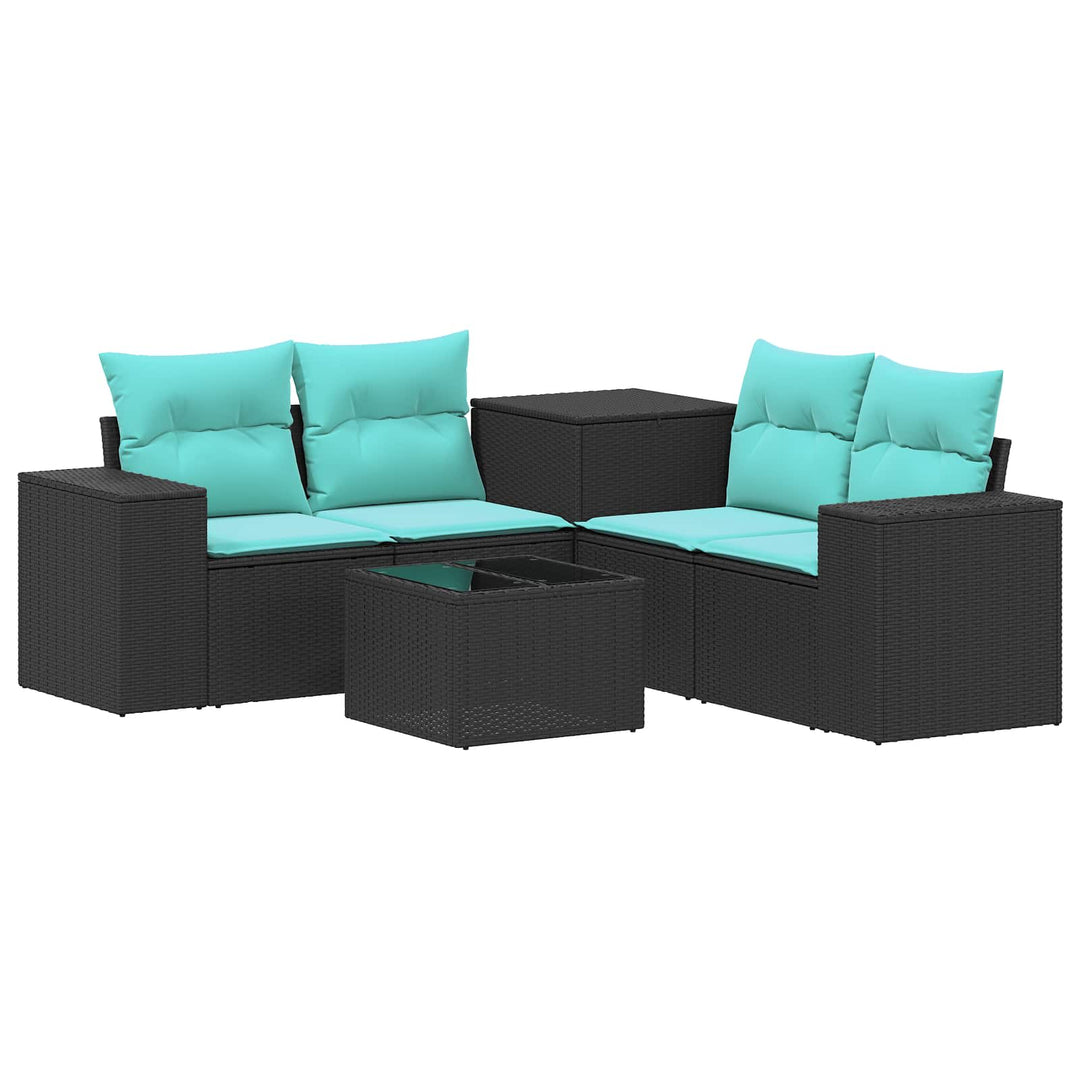 Sofa Sæt 6 stk. Sort og Blå Poly Rattan og Stål