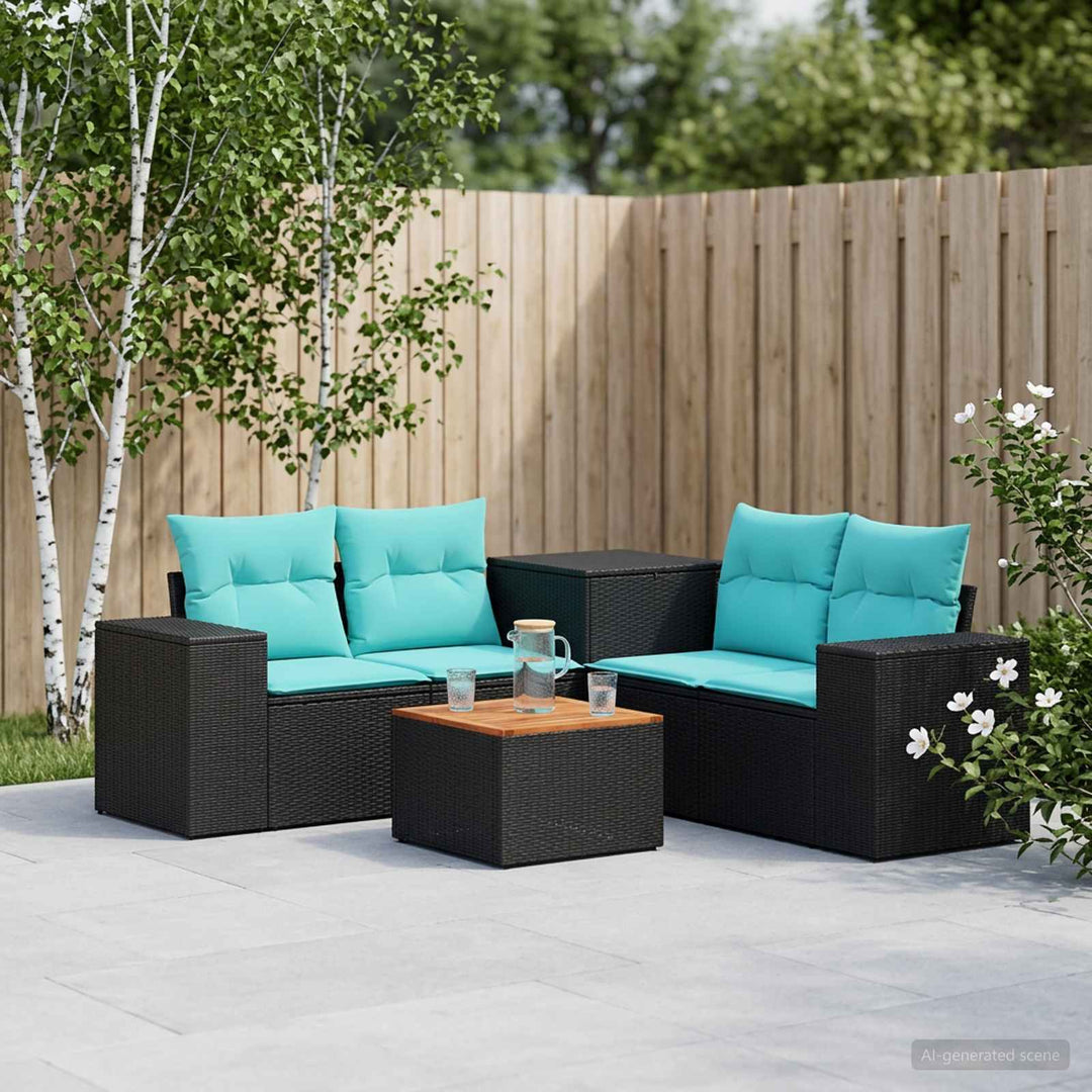 Sofa Sæt 6 stk. Sort og Blå Poly Rattan og Stål