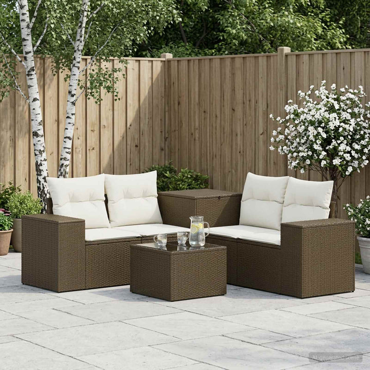 Sofa Sæt 6 stk. Brun og Creme Hvid Poly Rattan og Stål