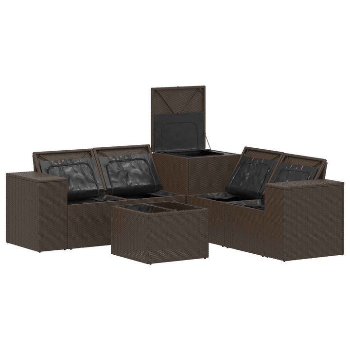 Sofa Sæt 6 stk. Brun og Rød Poly Rattan og Stål