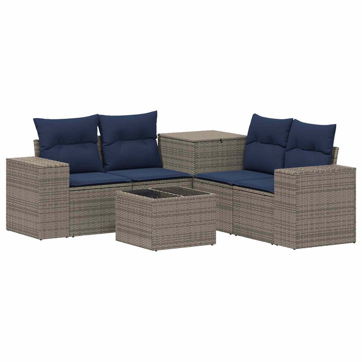 Sofa Sæt 6 stk. Grå og Marineblå Poly Rattan og Stål