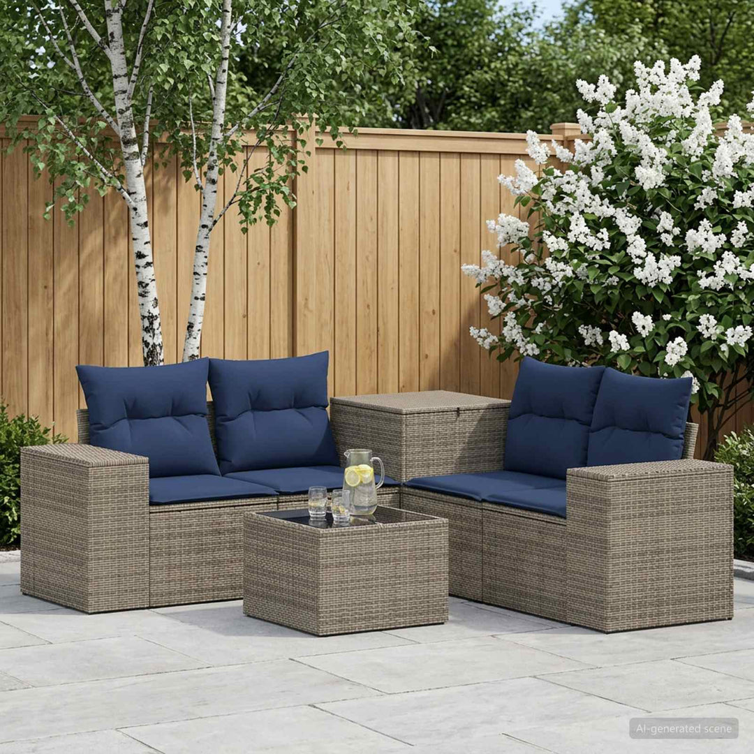 Sofa Sæt 6 stk. Grå og Marineblå Poly Rattan og Stål