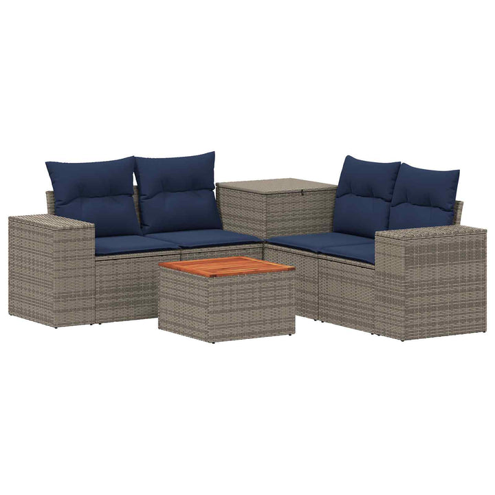 Sofa Sæt 6 stk. Grå og Marineblå Poly Rattan og Stål