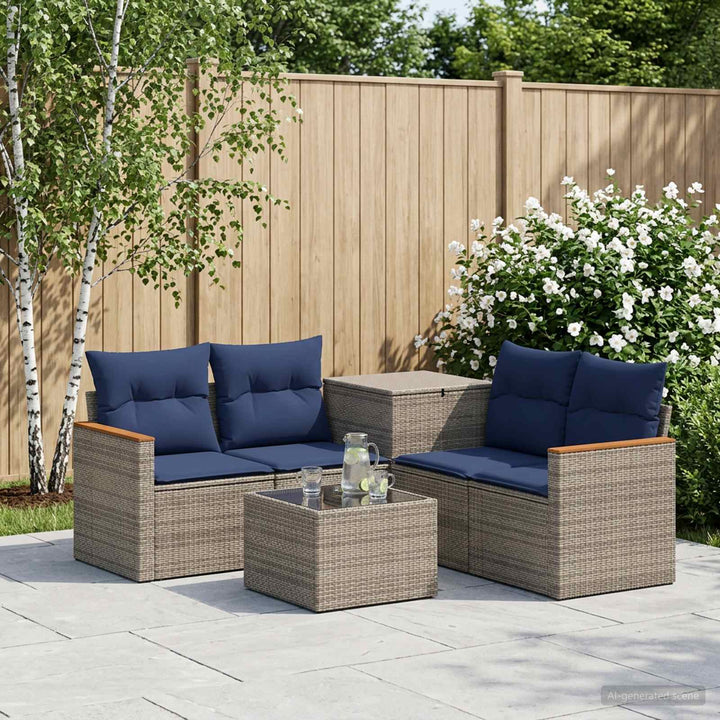 Sofa Sæt 6 stk. Grå og Marineblå Poly Rattan og Stål