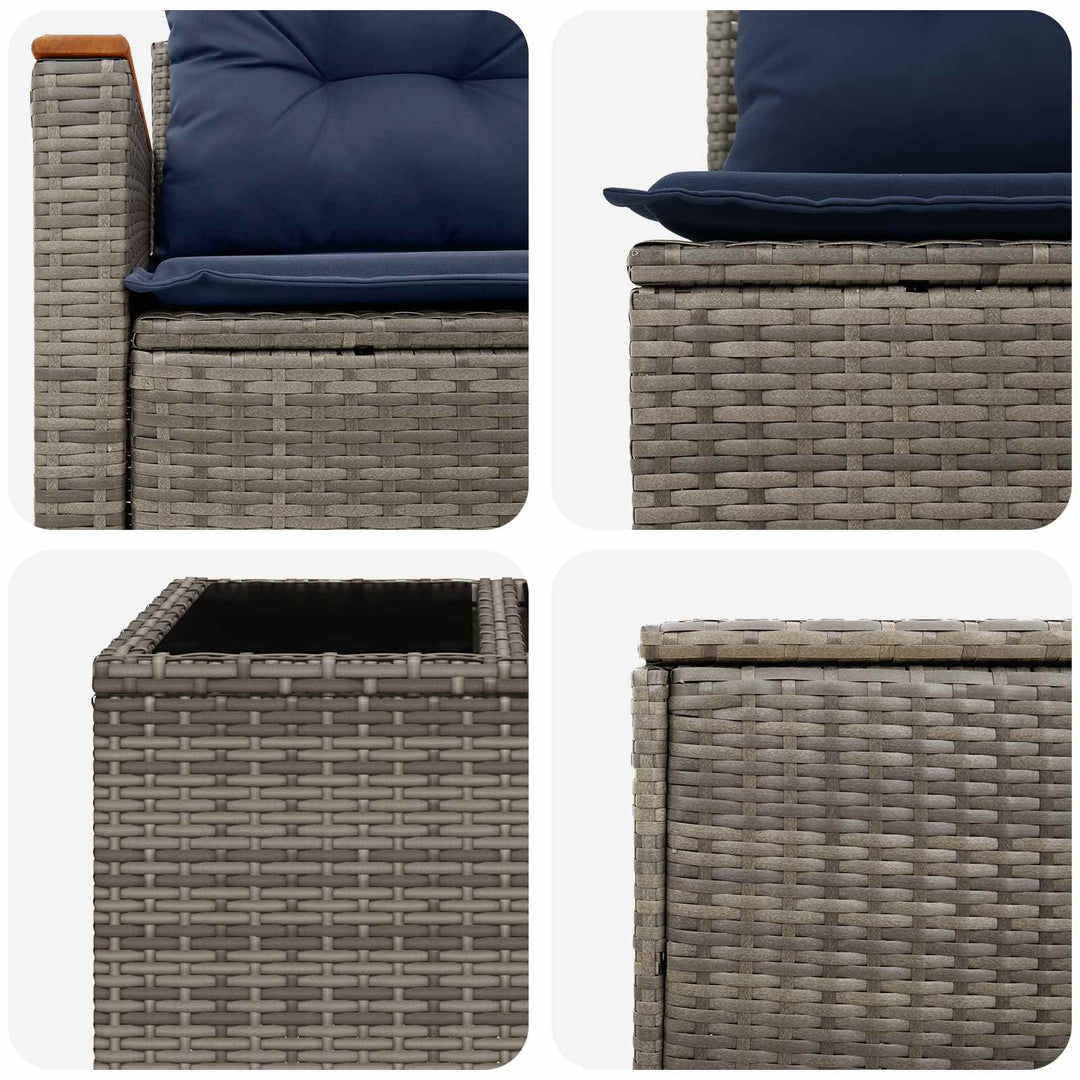 Sofa Sæt 6 stk. Grå og Marineblå Poly Rattan og Stål