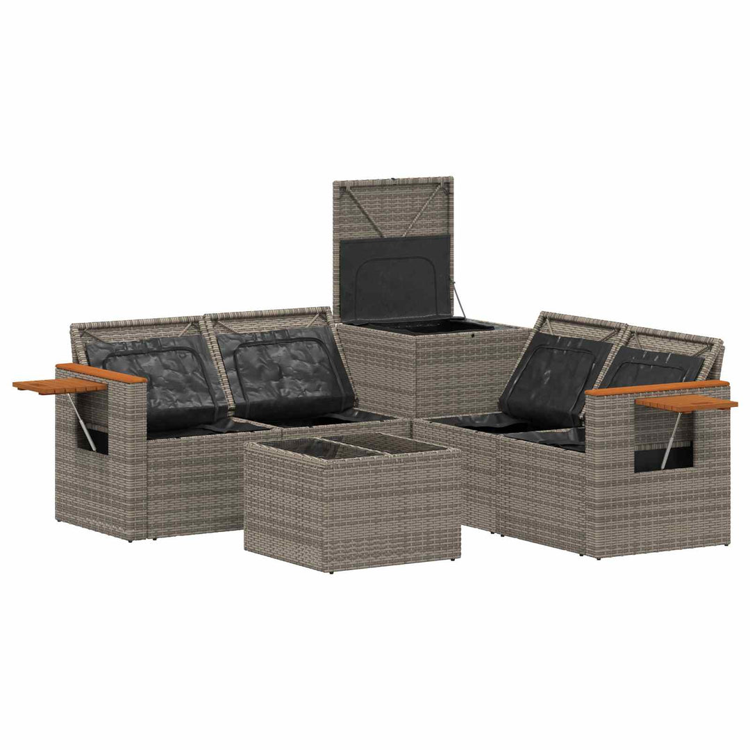 Sofa Sæt 6 stk. Grå og Marineblå Poly Rattan og Stål