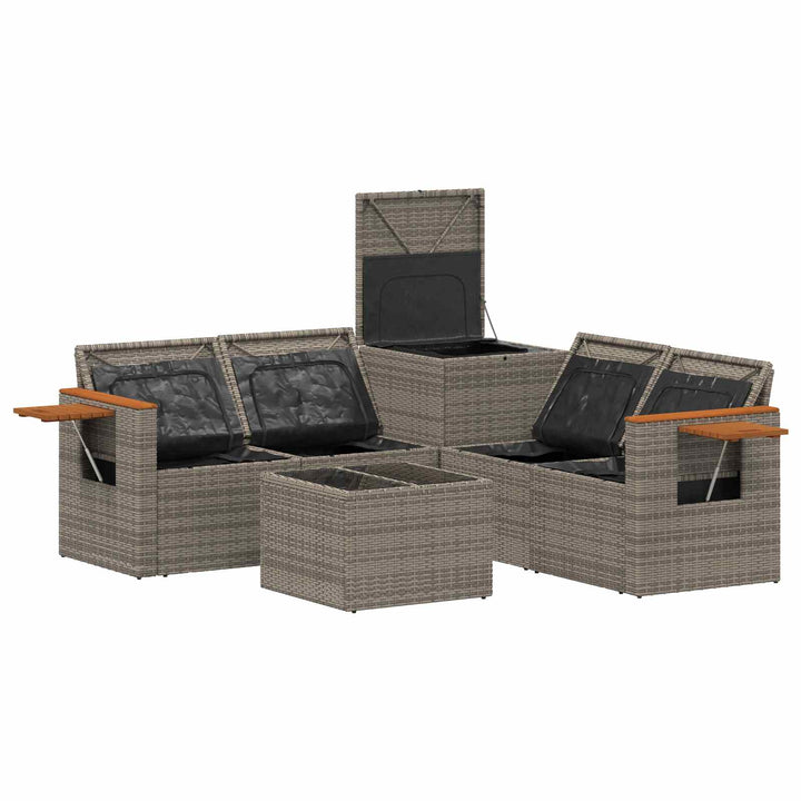 Sofa Sæt 6 stk. Grå og Marineblå Poly Rattan og Stål