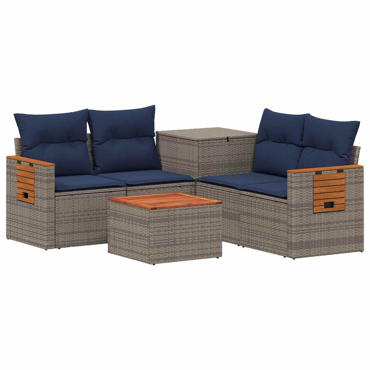Sofa Sæt 6 stk. Grå og Marineblå Poly Rattan og Stål