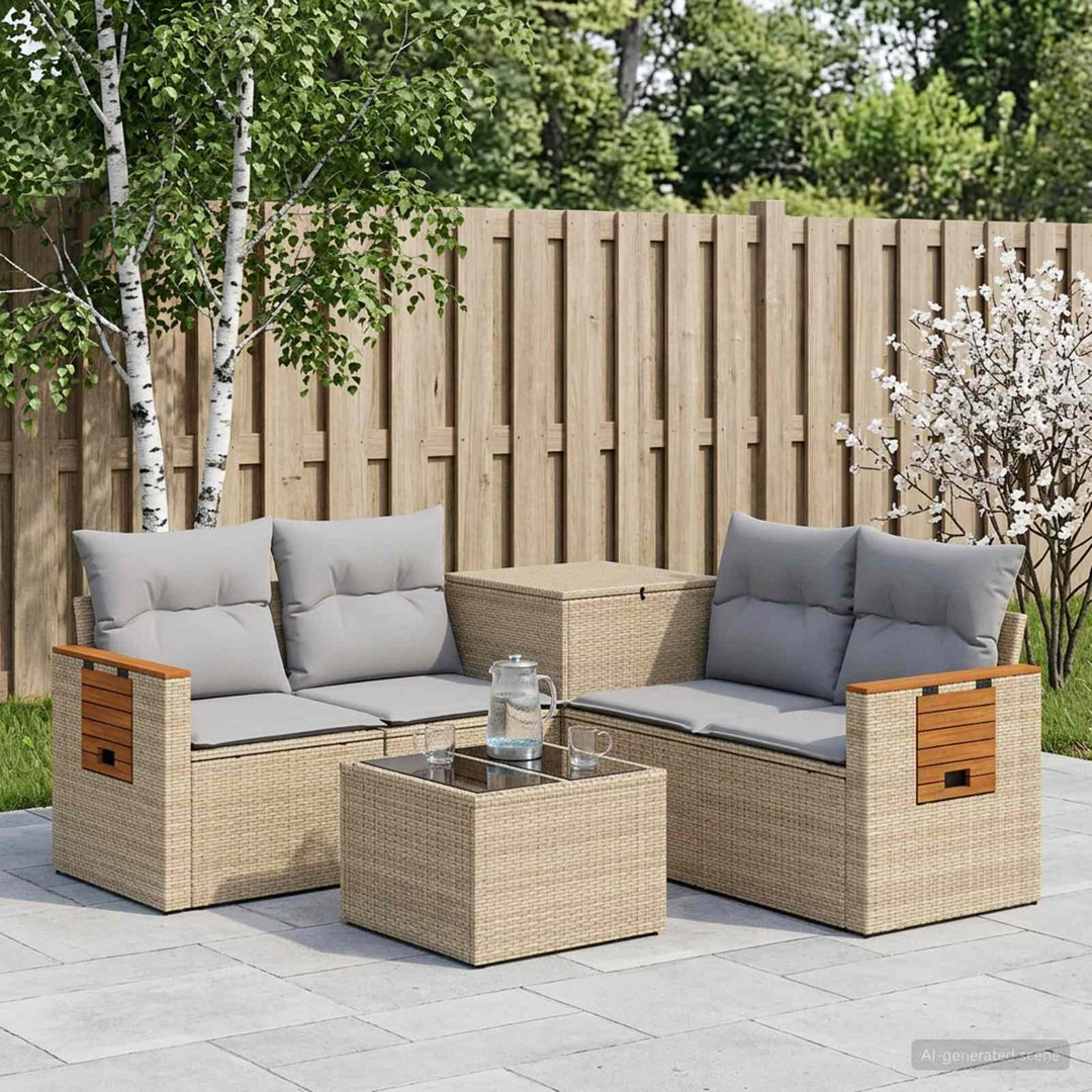 Sofa Sæt 6 stk. Beige og lys grå Poly Rattan og Stål