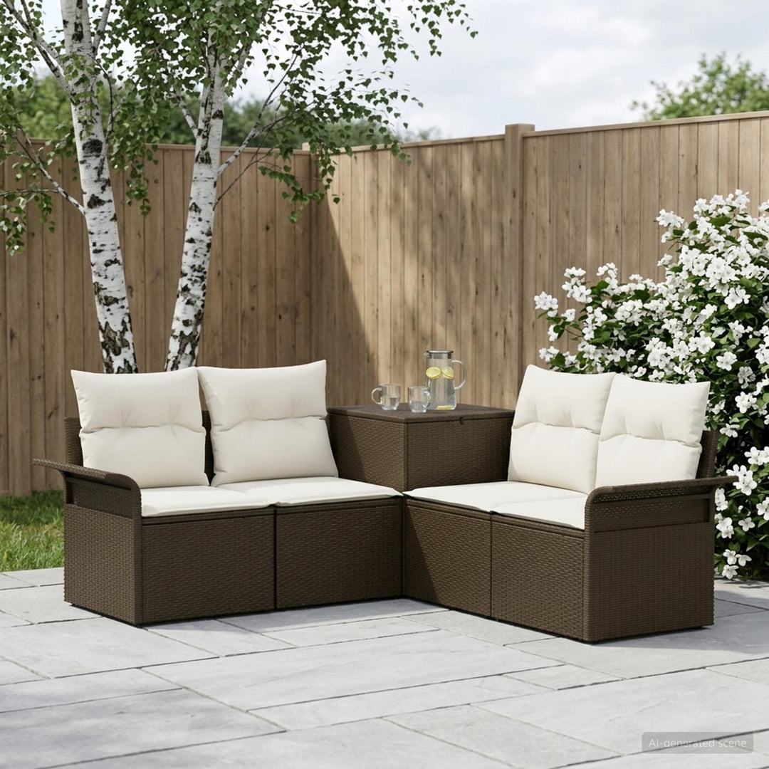 Sofa Sæt 5 stk. Brun og Creme Hvid Poly Rattan og Stål