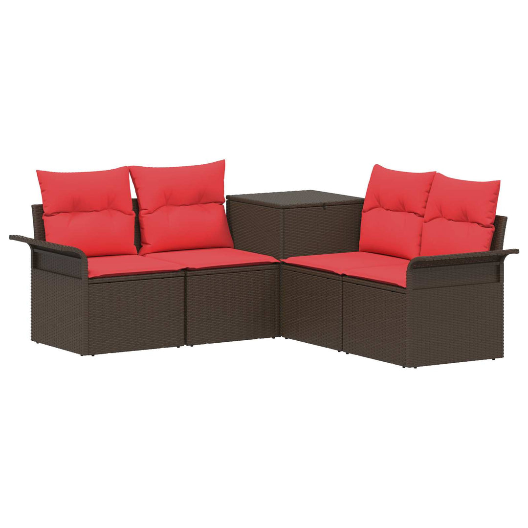 Sofa Sæt 5 stk. Brun og Rød Poly Rattan og Stål