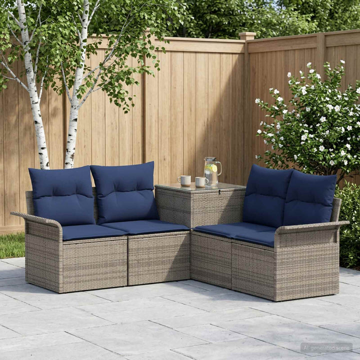 Sofa Sæt 5 stk. Grå og Marineblå Poly Rattan og Stål