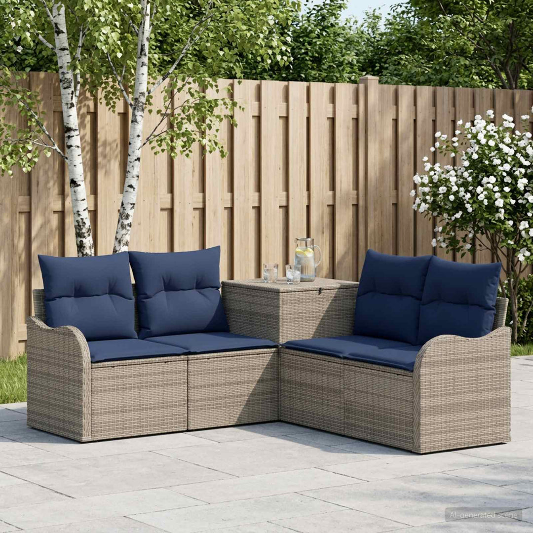 Sofa Sæt 5 stk. Grå og Marineblå Poly Rattan og Stål