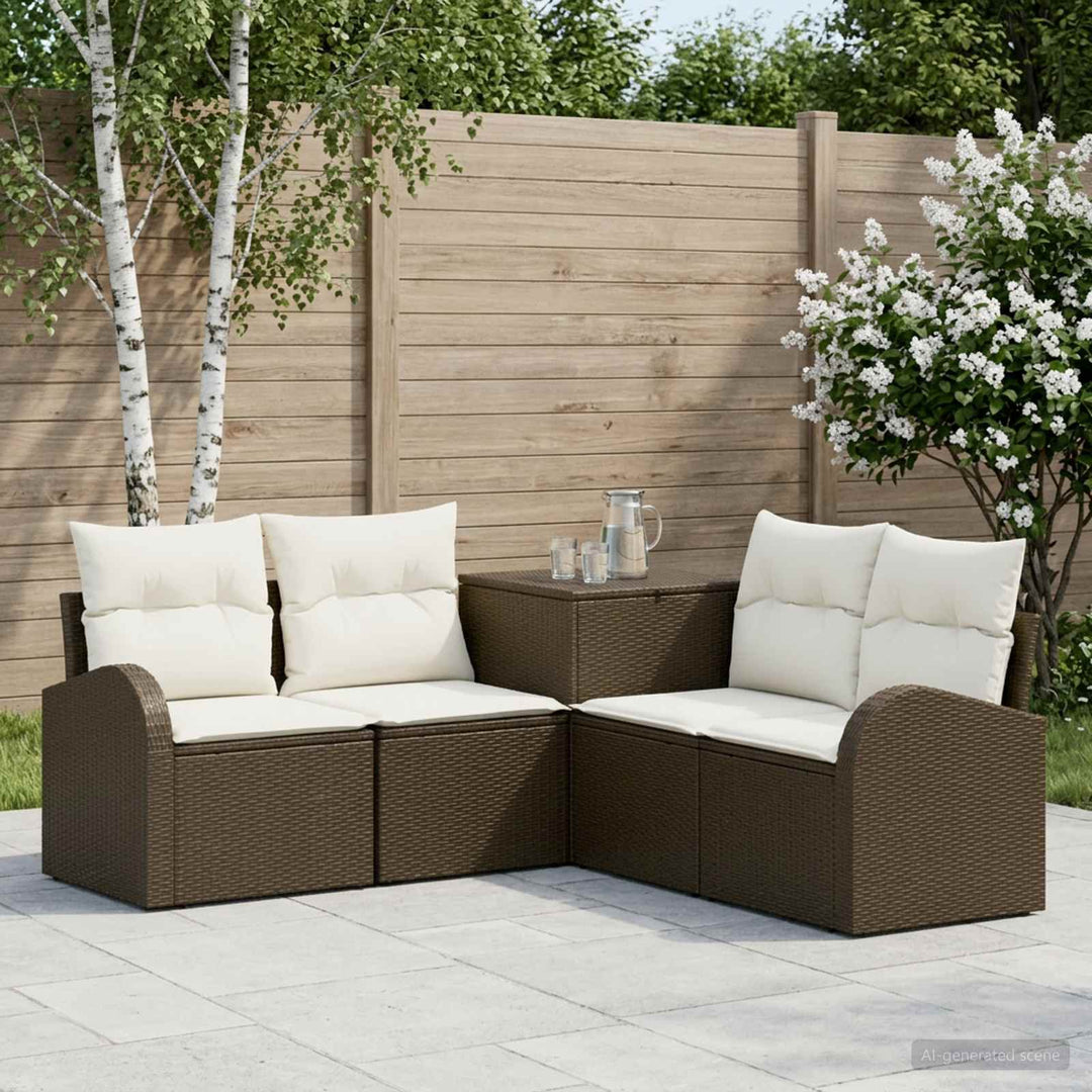 Sofa Sæt 5 stk. Brun og Creme Hvid Poly Rattan og Stål