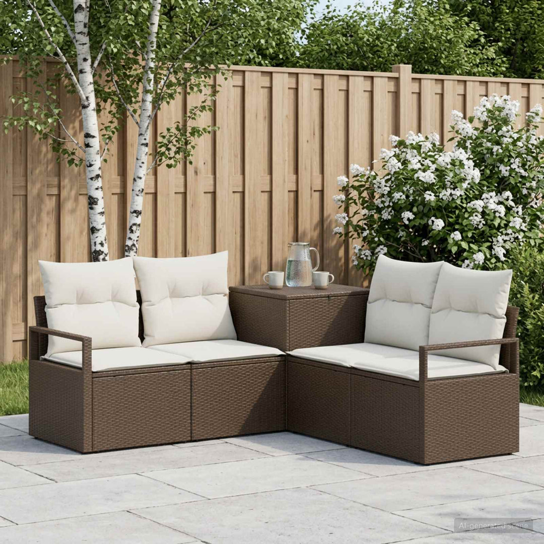Sofa Sæt 5 stk. Brun og Creme Hvid Poly Rattan og Stål