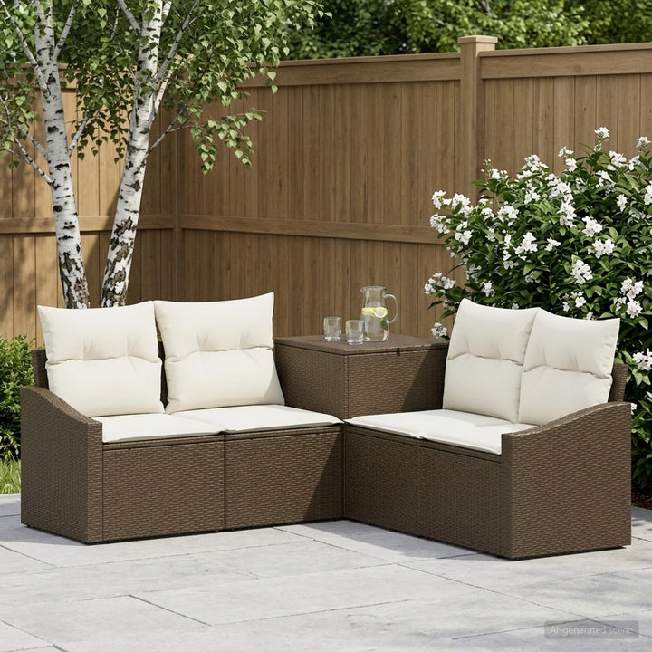 Sofa Sæt 5 stk. Brun og Creme Hvid Poly Rattan og Stål