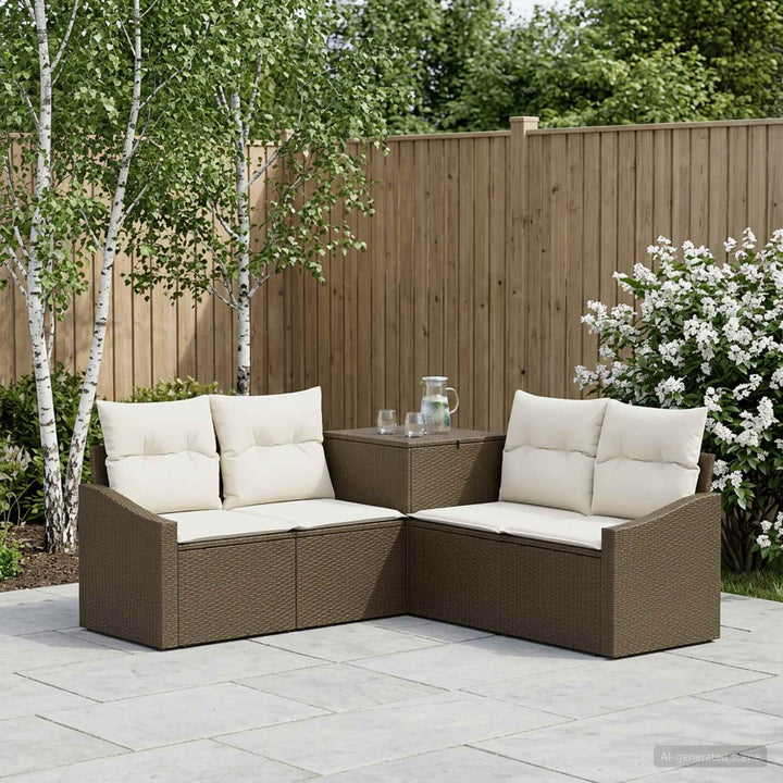 Sofa Sæt 5 stk. Brun og Creme Hvid Poly Rattan og Stål
