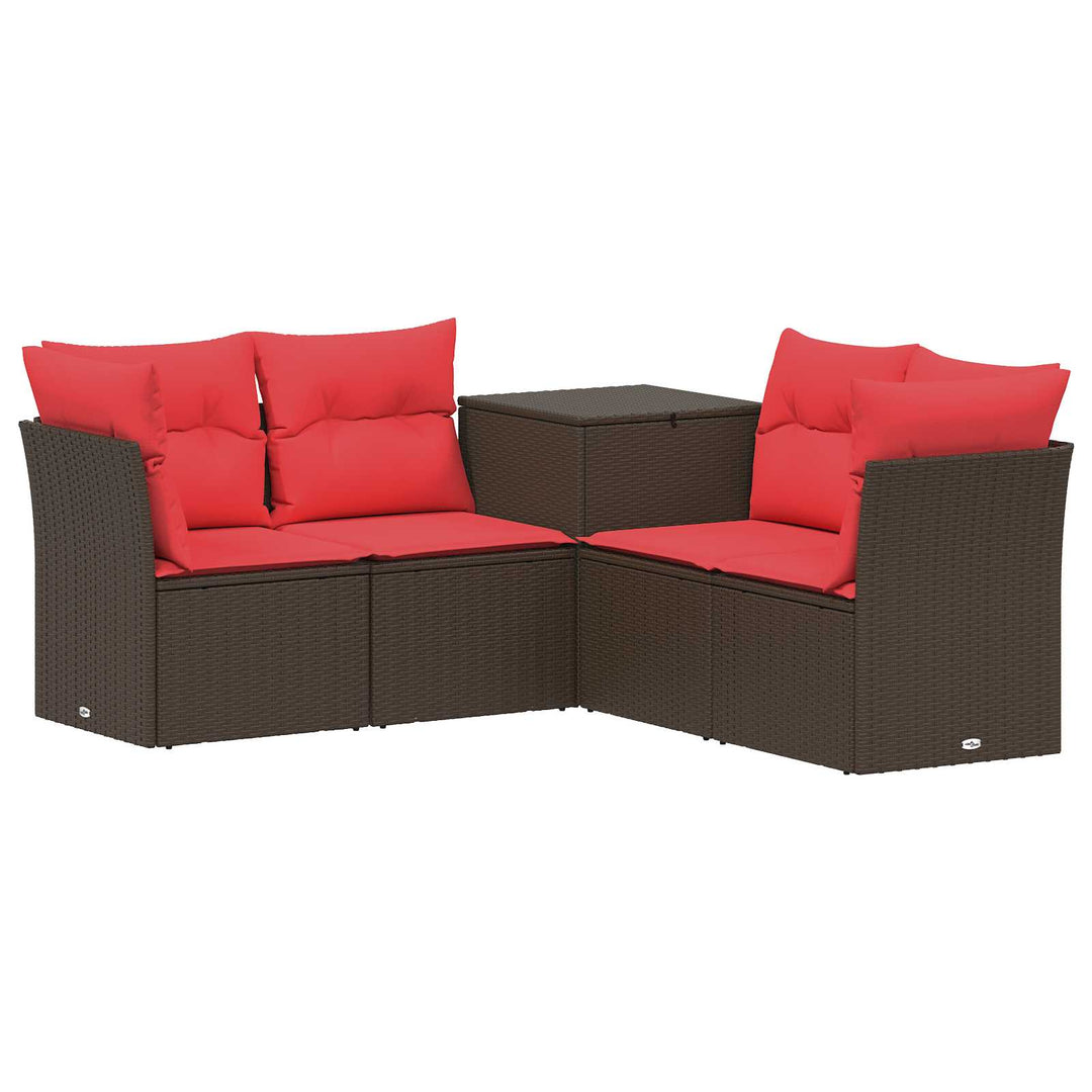 Sofa Sæt 5 stk. Brun og Rød Poly Rattan og Stål