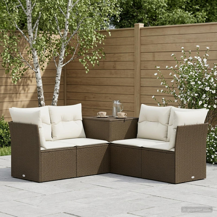 Sofa Sæt 5 stk. Brun og Creme Hvid Poly Rattan og Stål