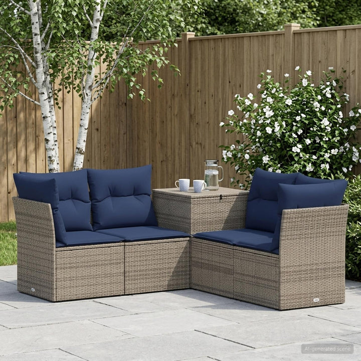 Sofa Sæt 5 stk. Grå og Marineblå Poly Rattan og Stål