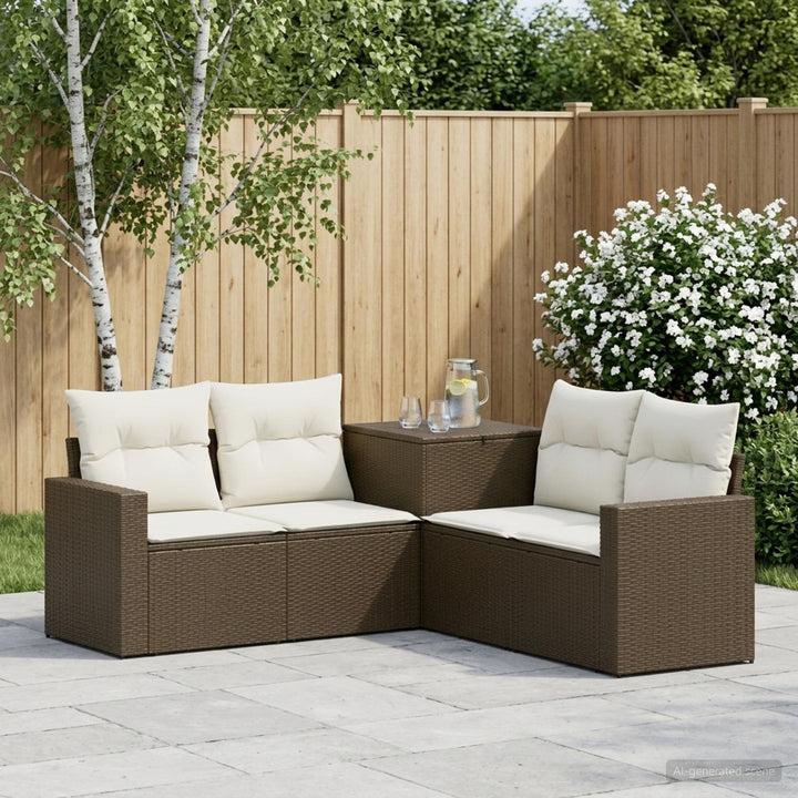 Sofa Sæt 5 stk. Brun og Creme Hvid Poly Rattan og Stål