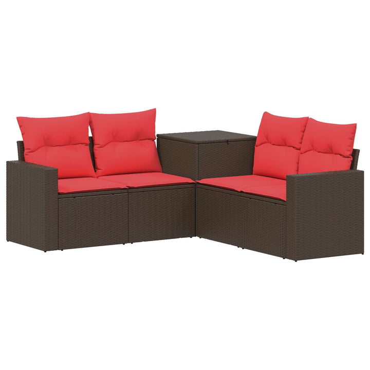 Sofa Sæt 5 stk. Brun og Rød Poly Rattan og Stål
