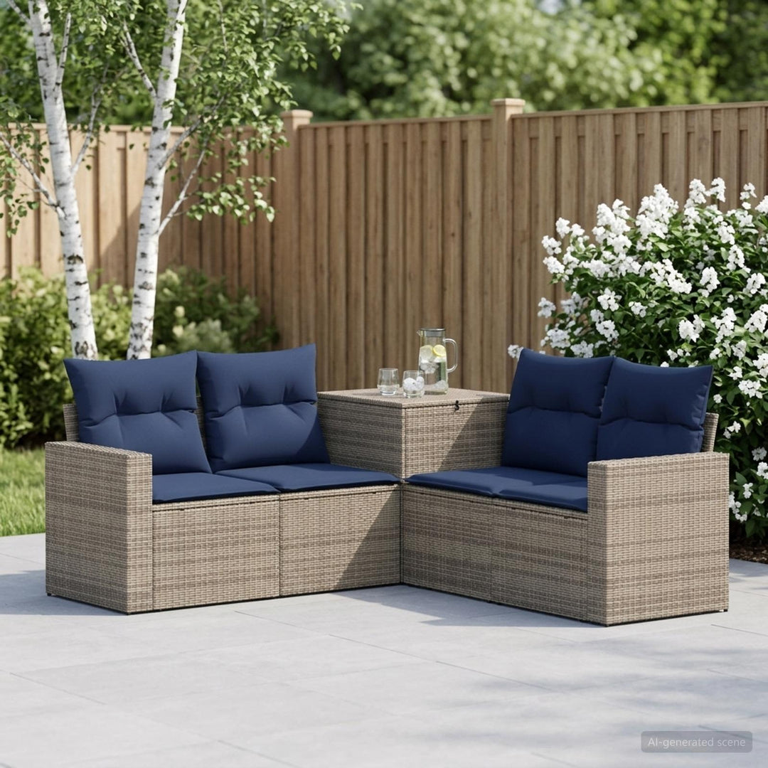 Sofa Sæt 5 stk. Grå og Marineblå Poly Rattan og Stål