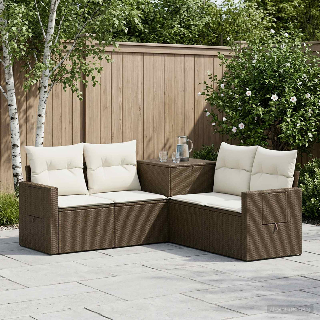 Sofa Sæt 5 stk. Brun og Creme Hvid Poly Rattan og Stål