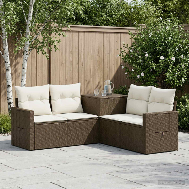 Sofa Sæt 5 stk. Brun og Creme Hvid Poly Rattan og Stål