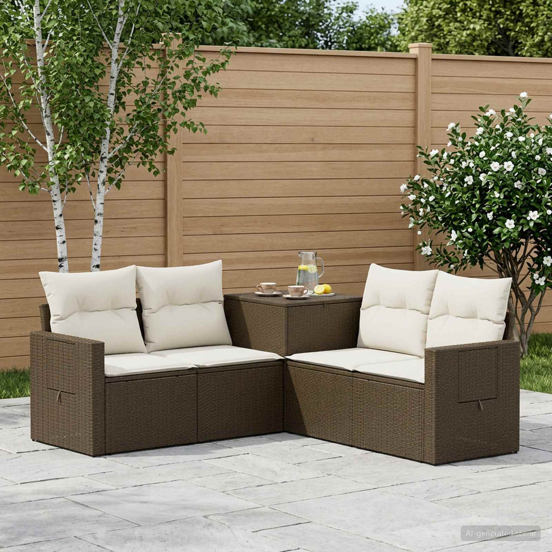 Sofa Sæt 5 stk. Brun og Creme Hvid Poly Rattan og Stål