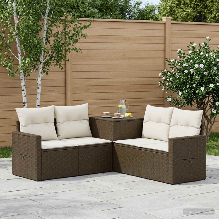 Sofa Sæt 5 stk. Brun og Creme Hvid Poly Rattan og Stål