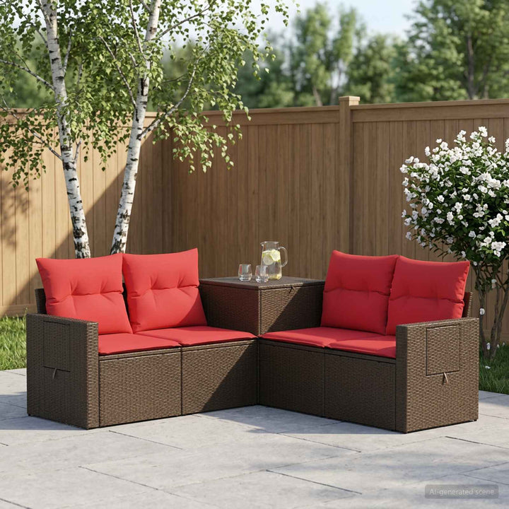 Sofa Sæt 5 stk. Brun og Rød Poly Rattan og Stål