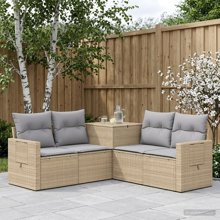 Sofa Sæt 5 stk. Beige og lys grå Poly Rattan og Stål