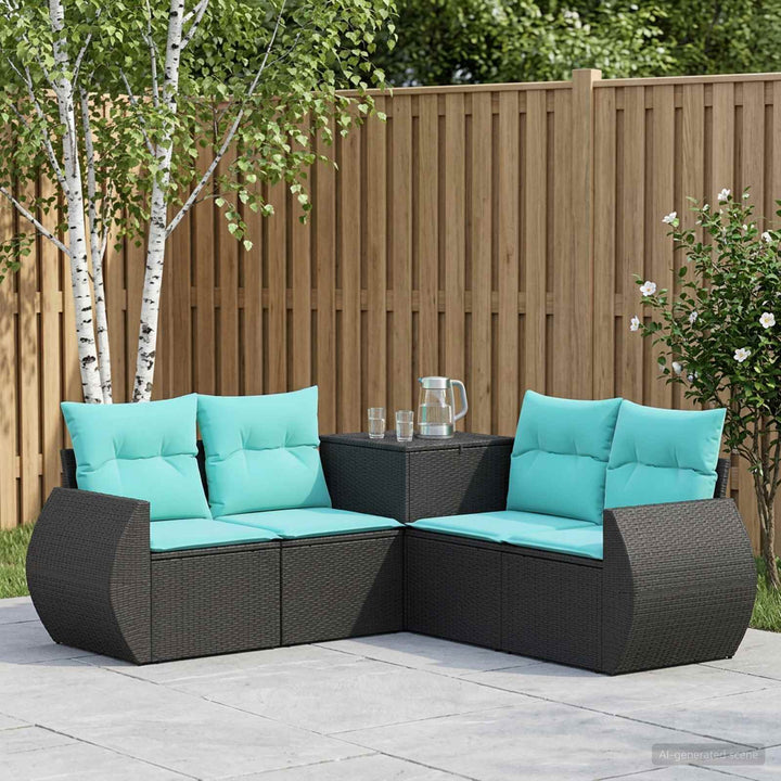 Sofa Sæt 5 stk. Sort og Blå Poly Rattan og Stål