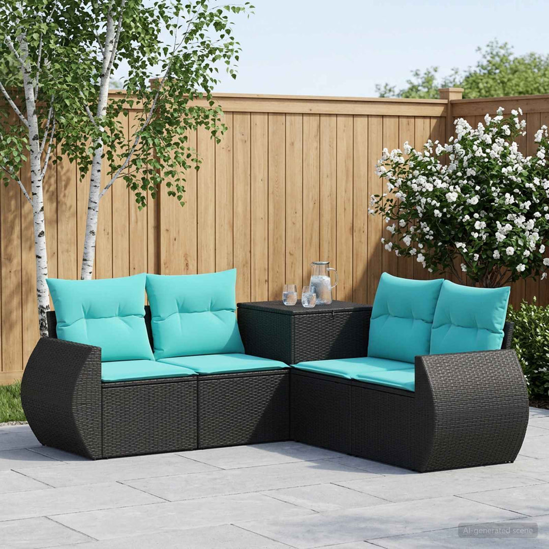 Sofa Sæt 5 stk. Sort og Blå Poly Rattan og Stål