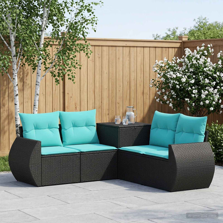 Sofa Sæt 5 stk. Sort og Blå Poly Rattan og Stål