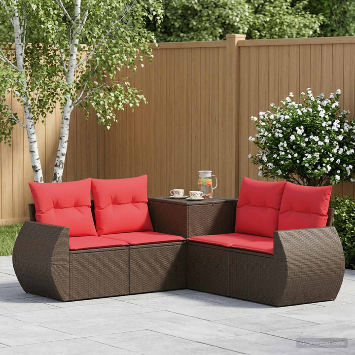 Sofa Sæt 5 stk. Brun og Rød Poly Rattan og Stål