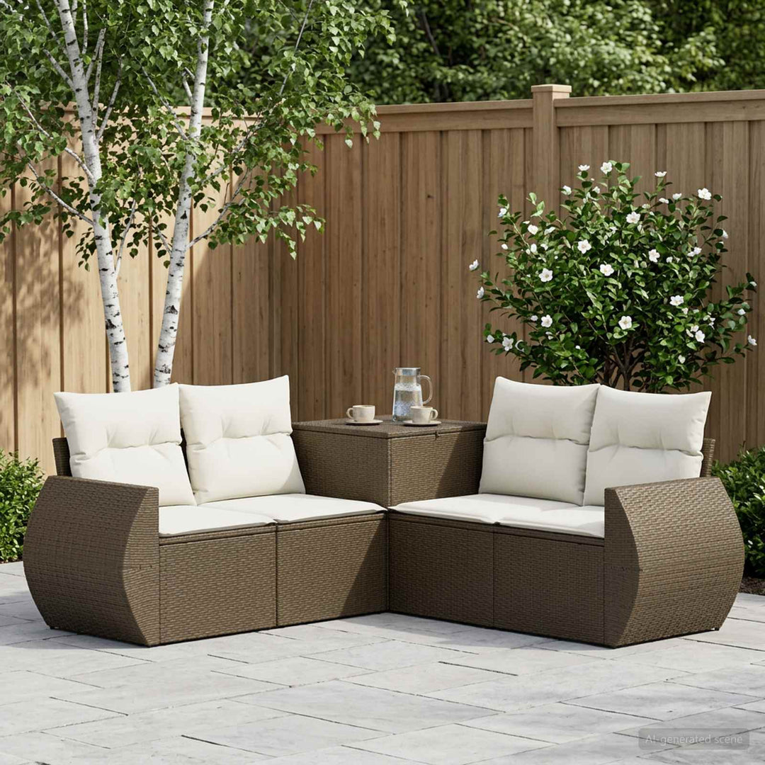 Sofa Sæt 5 stk. Brun og Creme Hvid Poly Rattan og Stål