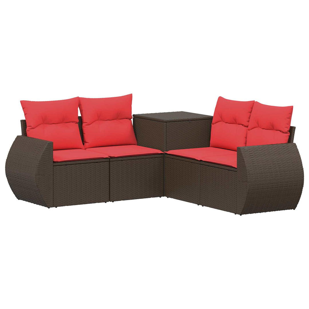 Sofa Sæt 5 stk. Brun og Rød Poly Rattan og Stål