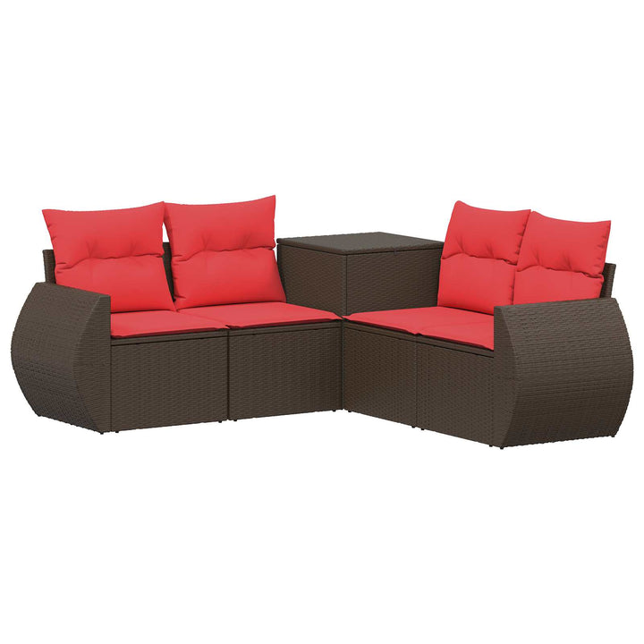 Sofa Sæt 5 stk. Brun og Rød Poly Rattan og Stål