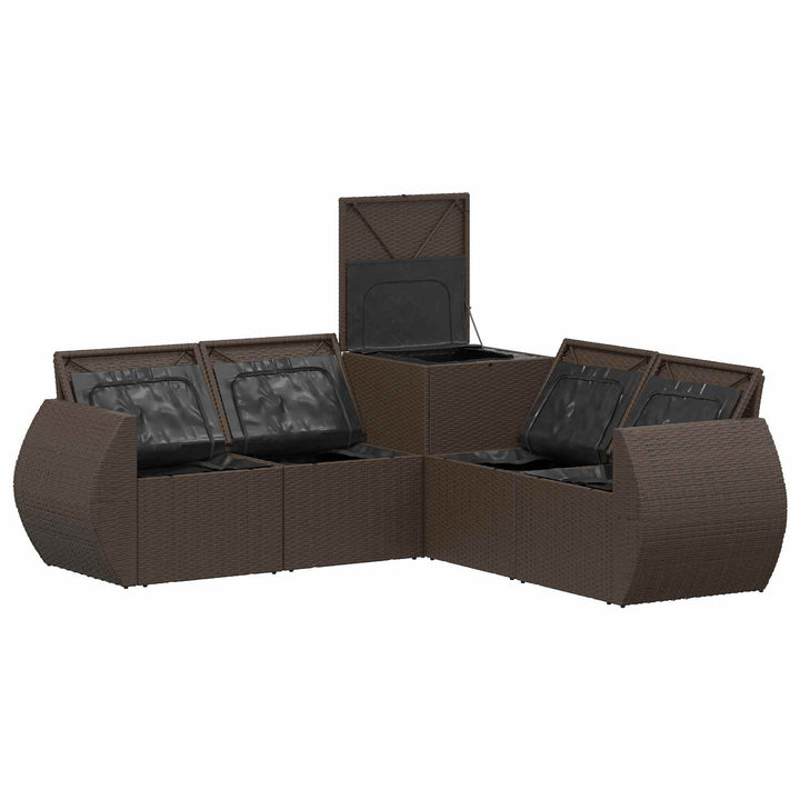 Sofa Sæt 5 stk. Brun og Rød Poly Rattan og Stål