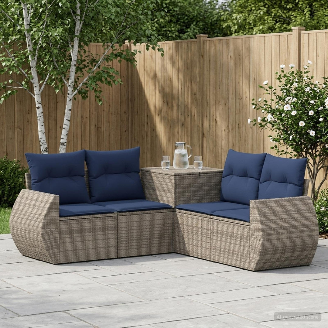 Sofa Sæt 5 stk. Grå og Marineblå Poly Rattan og Stål