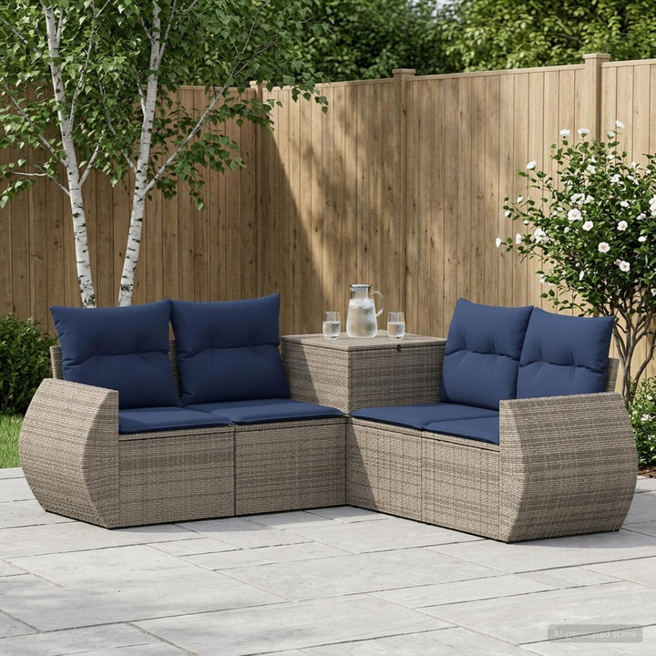 Sofa Sæt 5 stk. Grå og Marineblå Poly Rattan og Stål
