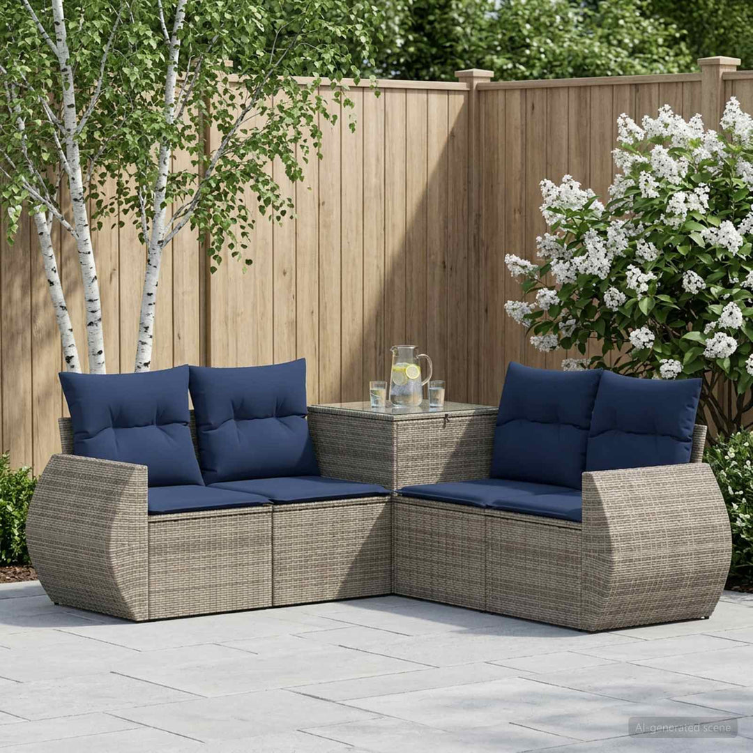Sofa Sæt 5 stk. Grå og Marineblå Poly Rattan og Stål