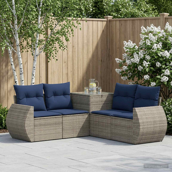Sofa Sæt 5 stk. Grå og Marineblå Poly Rattan og Stål