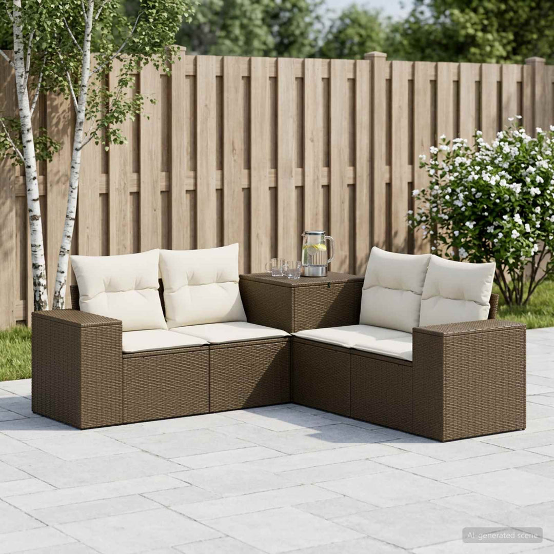 Sofa Sæt 5 stk. Brun og Creme Hvid Poly Rattan og Stål